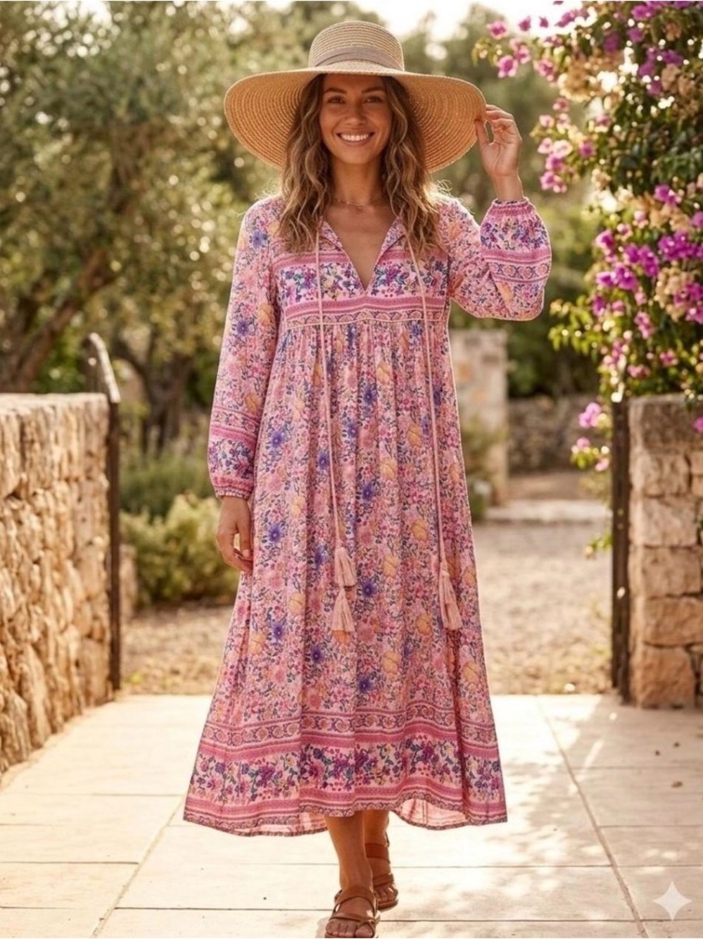 Bohemian Floral Midi Dress Pink Cottagecore Prairie Peasant Dress Size 6